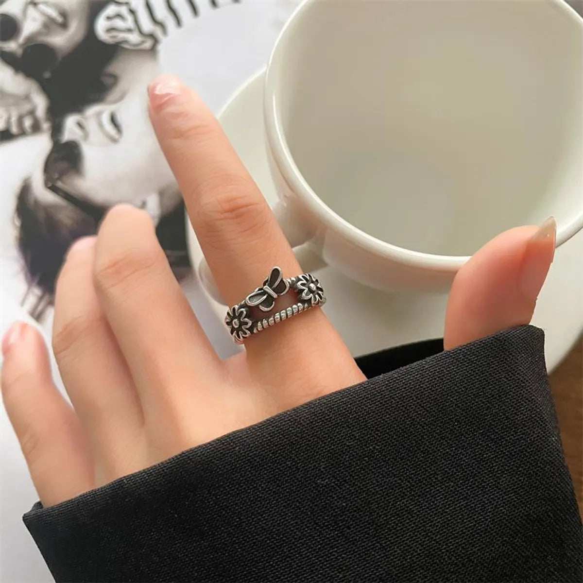 Animal Retro 925 Sterling Silver Ring Female Snake Cat Elephant Special-Interest Design Niello Jewelry Open-End Personality Ring No