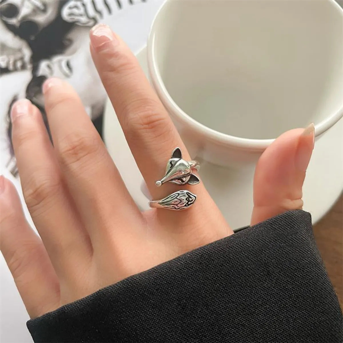 Animal Retro 925 Sterling Silver Ring Female Snake Cat Elephant Special-Interest Design Niello Jewelry Open-End Personality Ring No