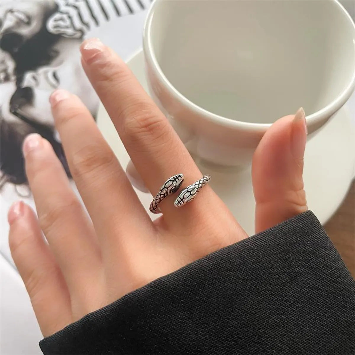 Animal Retro 925 Sterling Silver Ring Female Snake Cat Elephant Special-Interest Design Niello Jewelry Open-End Personality Ring No