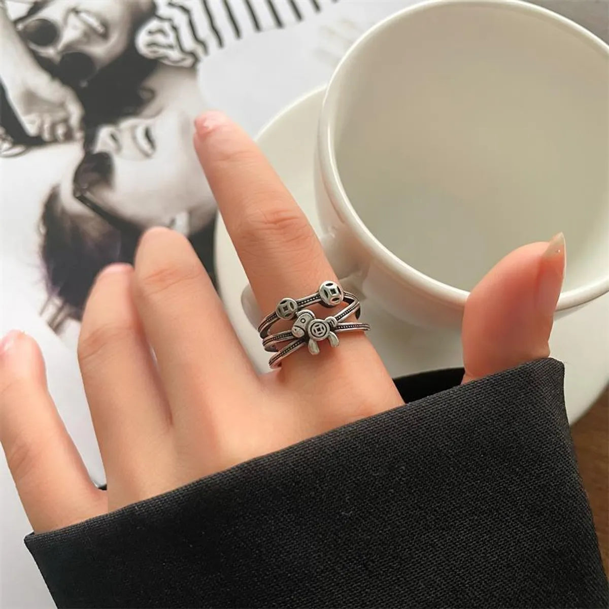 Animal Retro 925 Sterling Silver Ring Female Snake Cat Elephant Special-Interest Design Niello Jewelry Open-End Personality Ring No