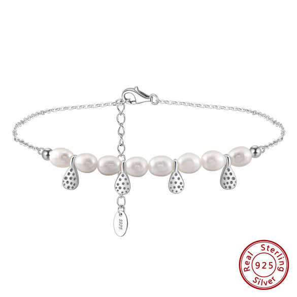 Anklet S925 Sterling Silver Freshwater Pearl Geometric Simple Women's