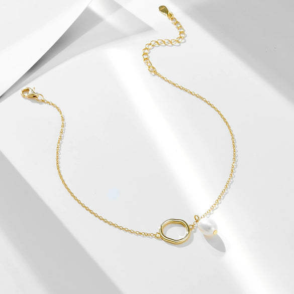 Anklet 925 Sterling Silver Natural Pearl Geometric Style Women's