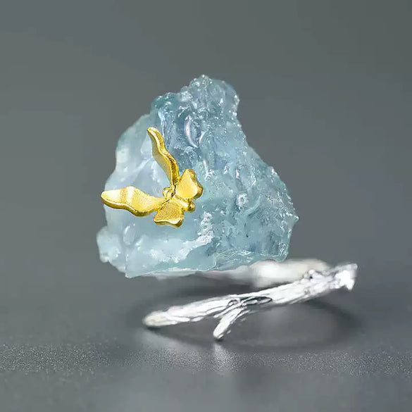 Antique S925 Sterling Silver 18K Gold Plated Natural Aquamarine Butterfly Ring And Stud Earrings With Electroplating For Women