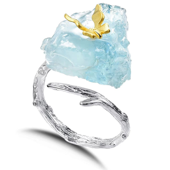 Antique S925 Sterling Silver 18K Gold Plated Natural Aquamarine Butterfly Ring And Stud Earrings With Electroplating For Women