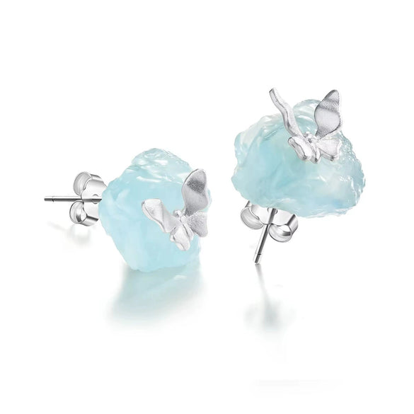 Antique S925 Sterling Silver 18K Gold Plated Natural Aquamarine Butterfly Ring And Stud Earrings With Electroplating For Women