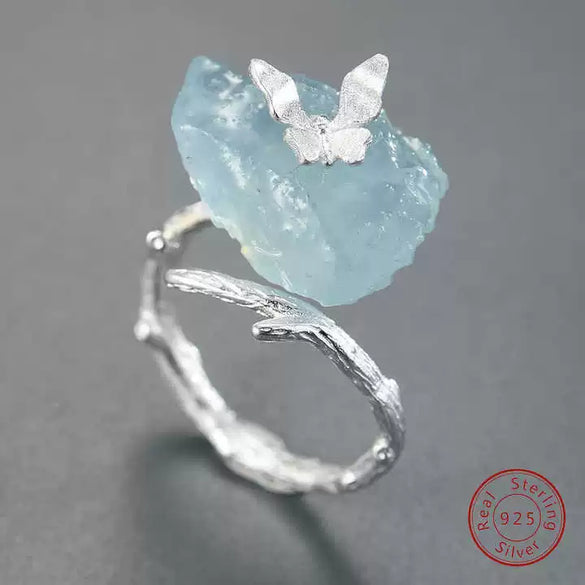 Antique S925 Sterling Silver 18K Gold Plated Natural Aquamarine Butterfly Ring And Stud Earrings With Electroplating For Women