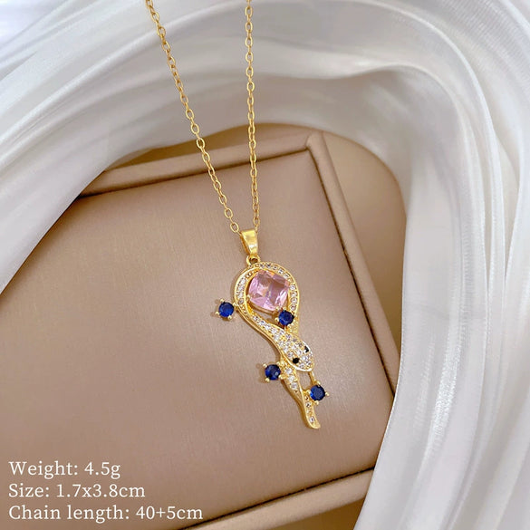 Antique Snake Full Diamond Cartoon Animal Zodiac Necklace Unisex Stainless Steel Copper