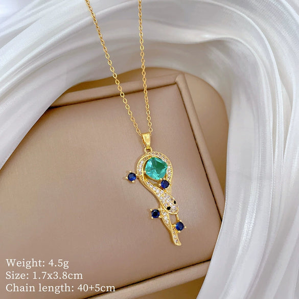 Antique Snake Full Diamond Cartoon Animal Zodiac Necklace Unisex Stainless Steel Copper
