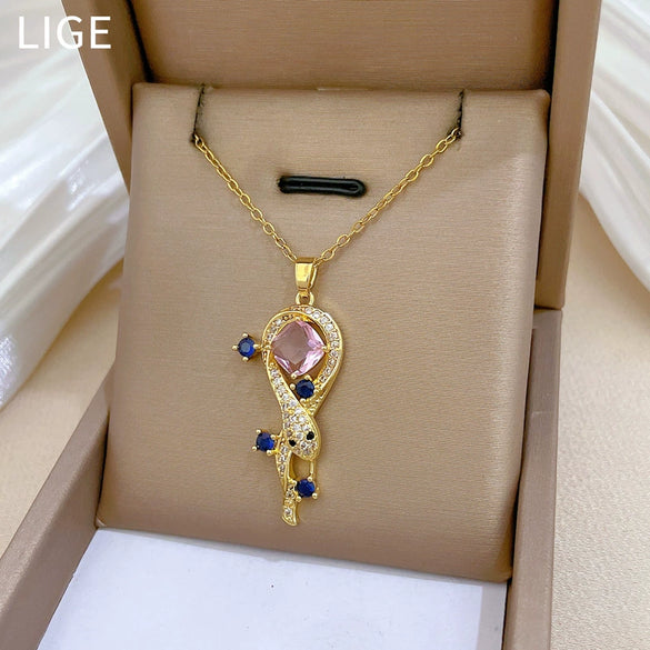 Antique Snake Full Diamond Cartoon Animal Zodiac Necklace Unisex Stainless Steel Copper