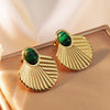Antique Style Oil Pressure Stainless Steel Malachite Texture Geometric Fan Fishtail Earrings For Women Electroplated