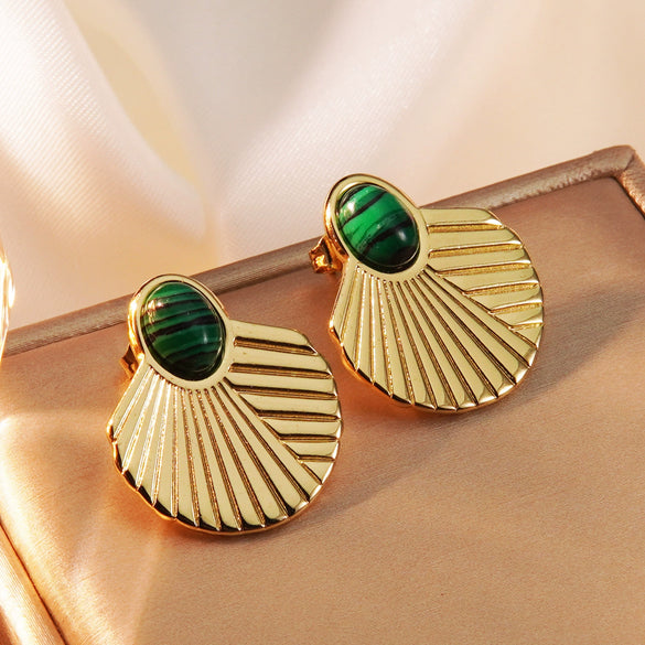 Antique Style Oil Pressure Stainless Steel Malachite Texture Geometric Fan Fishtail Earrings For Women Electroplated