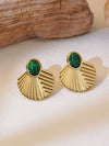 Antique Style Oil Pressure Stainless Steel Malachite Texture Geometric Fan Fishtail Earrings For Women Electroplated