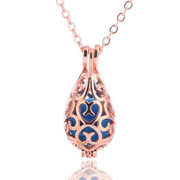 Aromatherapy Ball Necklace Drop Shaped Volcanic Stone Copper Heart Pattern Retro Style Box Chain Electroplated