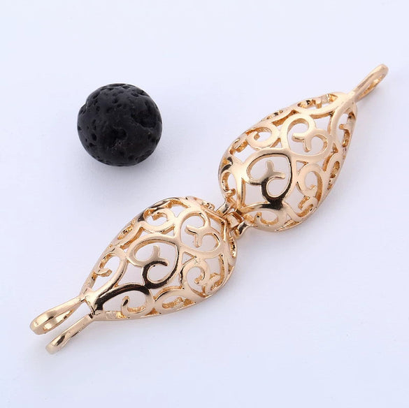 Aromatherapy Ball Necklace Drop Shaped Volcanic Stone Copper Heart Pattern Retro Style Box Chain Electroplated