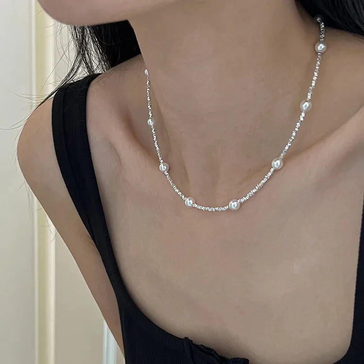 Artificial Crystal Artificial Pearl Sterling Silver Elegant Simple Style Beaded Geometric Necklace