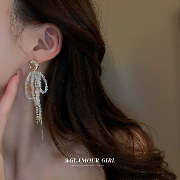 Artificial Crystal Bow Tassel Earrings For Women Pure Handmade
