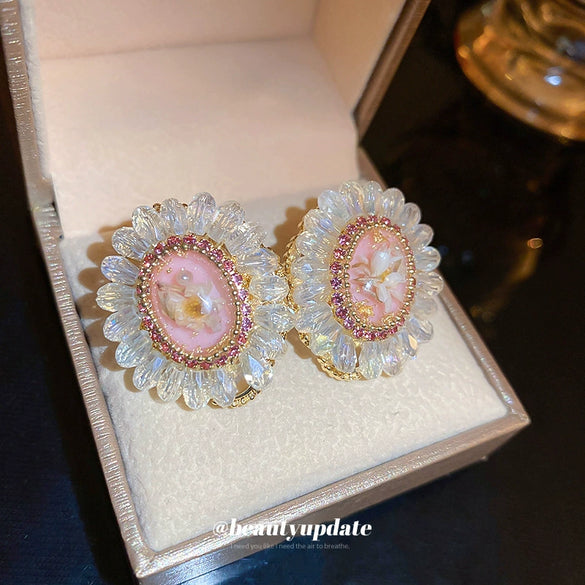 Artificial Crystal Earrings With Flower And Geometric Pattern Set With Crystal Fashion Style For Women