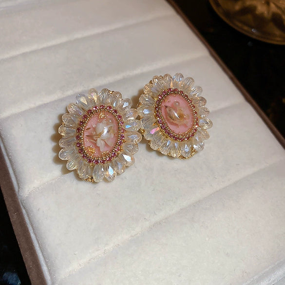Artificial Crystal Earrings With Flower And Geometric Pattern Set With Crystal Fashion Style For Women