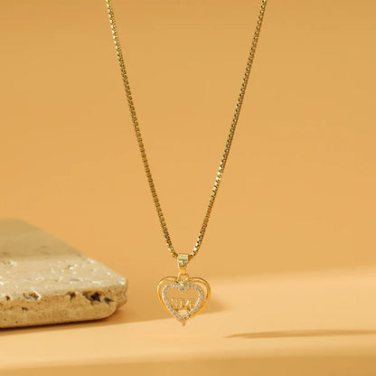 Artificial Feather Brass 18K Gold Plated Elegant Heart Shape Inlay Zircon Pendant Necklace