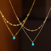Artificial Opal Blue Water Drop Pendant Double Layer Overlapping Necklace Stainless Steel Gold Plated