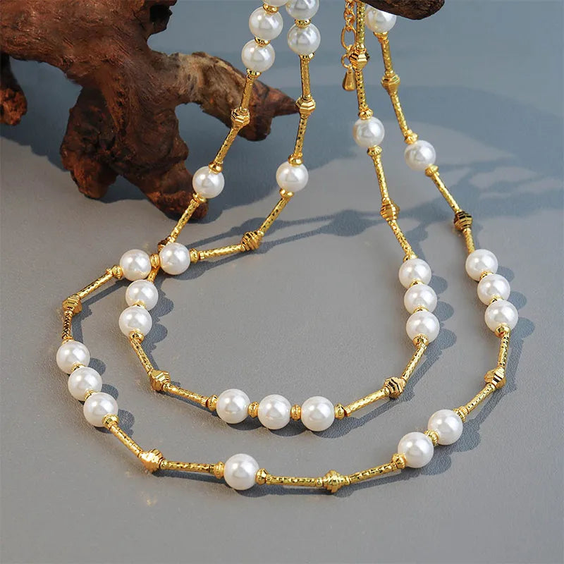 Artificial Pearl Copper 18K Gold Plated Simple Style Classic Style Beaded Round Double Layer Necklaces