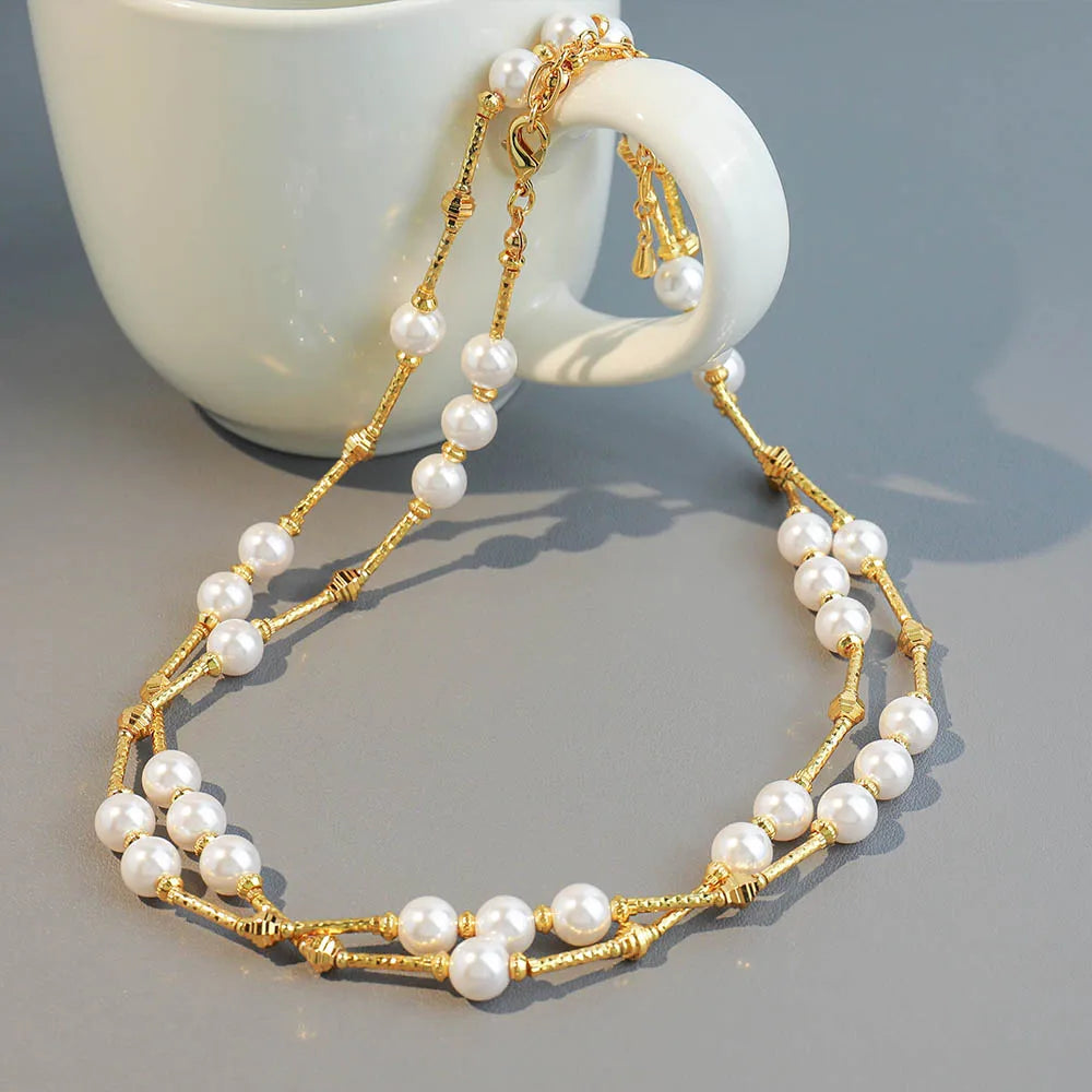 Artificial Pearl Copper 18K Gold Plated Simple Style Classic Style Beaded Round Double Layer Necklaces