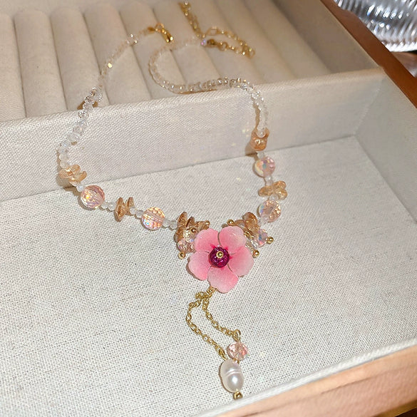 Artificial Pearl Crystal Handmade Flower Necklace For Women Sweet High End Clavicle Chain