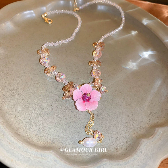 Artificial Pearl Crystal Handmade Flower Necklace For Women Sweet High End Clavicle Chain