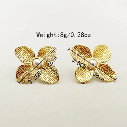 1 Pair Artistic Flower Polishing Plating Inlay 304 Stainless Steel Pearl 14K Gold Plated Ear Studs