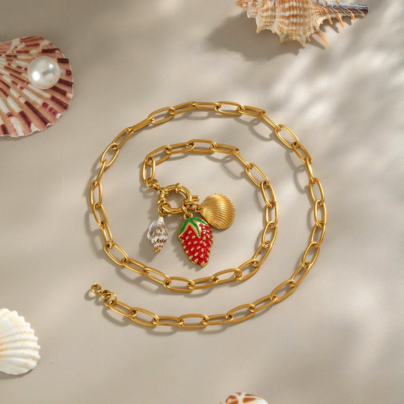 Artistic Retro Simple Women's Fruit Strawberry Conch Stainless Steel Necklace With Electroplating