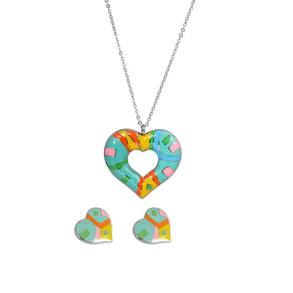 Artistic Streetwear Color Block Heart Shape Stainless Steel Enamel Gold Plated Earrings Necklace