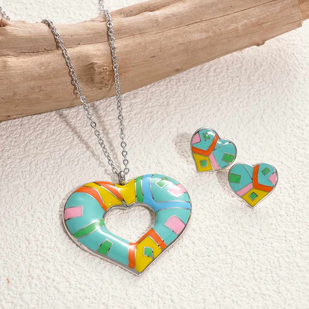 Artistic Streetwear Color Block Heart Shape Stainless Steel Enamel Gold Plated Earrings Necklace