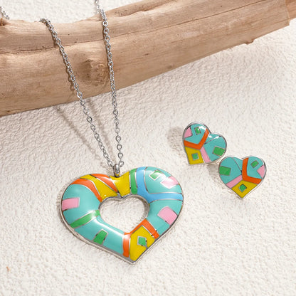 Artistic Streetwear Color Block Heart Shape Stainless Steel Enamel Gold Plated Earrings Necklace