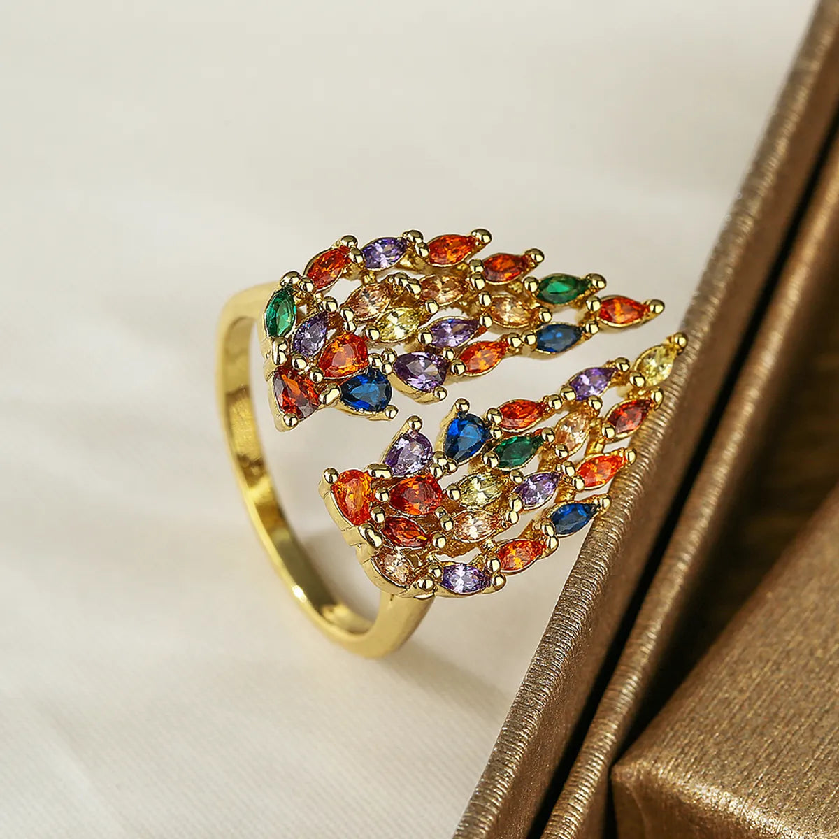 Artistic Wings Copper Plating Inlay Zircon 18k Gold Plated Open Ring