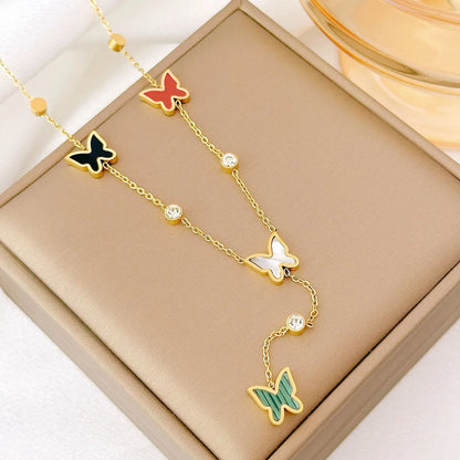 Arylic Imitation Shell Titanium Steel Basic Modern Style Classic Style Plating Inlay Geometric Butterfly Rhinestones Pendant Necklace