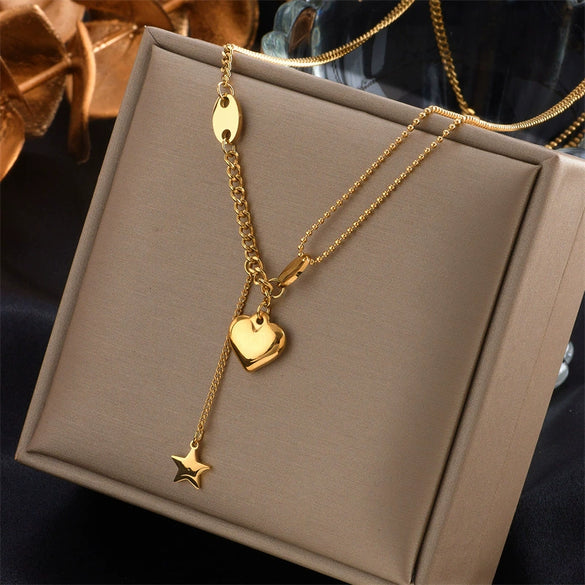 Asymmetric Chain Love Pearl Pendant Stainless Steel And Titanium Steel Multi Layer Stacked Necklace With Electroplating For Women