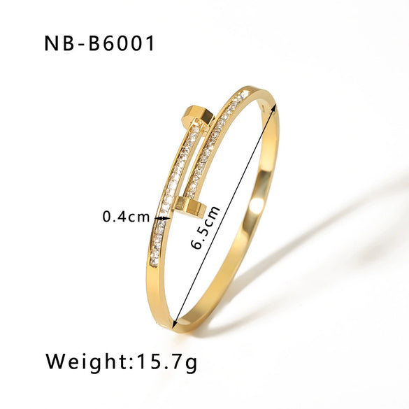 Asymmetric Open Disc Niche Fashion Women's Bracelet Set In Titanium Steel Plated 18K Gold With Zircon Vacuum Plated In 18K Furnace