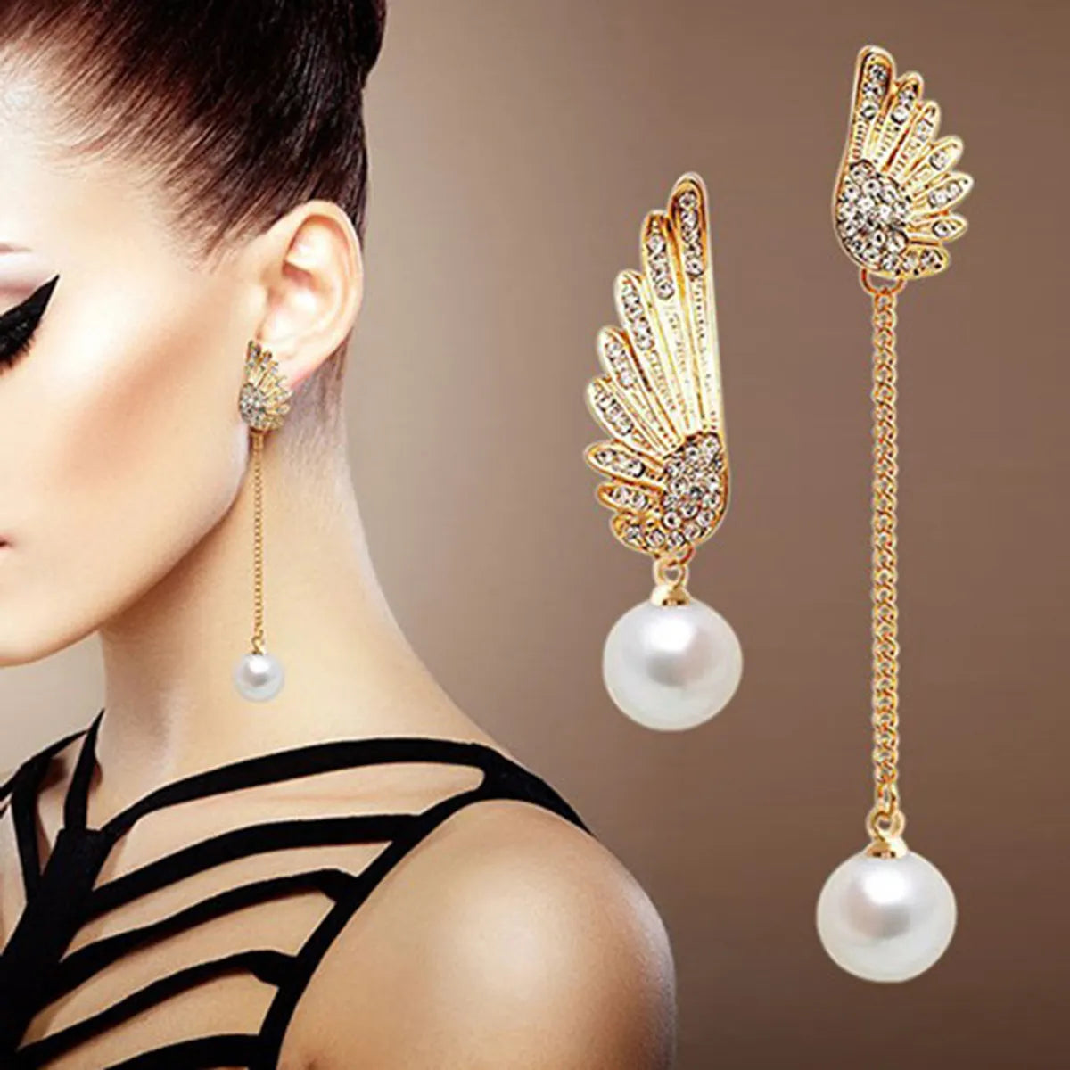 Asymmetric Rhinestone Pearl Angel Wing Stud Earrings