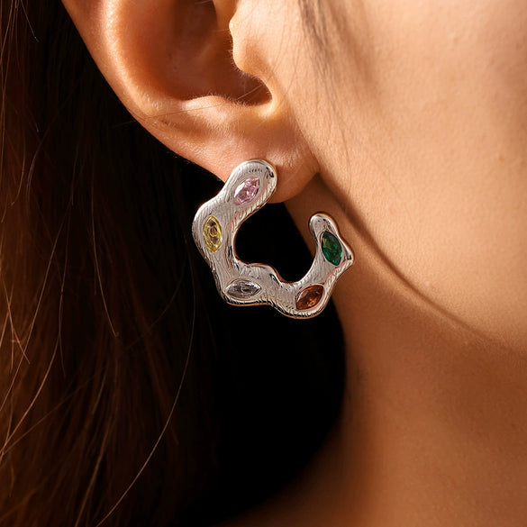 Asymmetrical C Shaped Dopamine Zircon Earrings In Stainless Steel With 18K Gold Plated Electroplating For Women