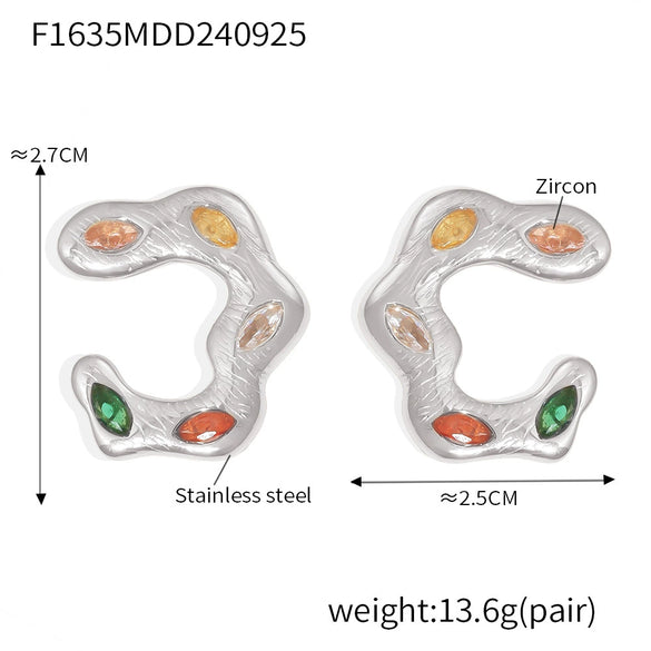 Asymmetrical C Shaped Dopamine Zircon Earrings In Stainless Steel With 18K Gold Plated Electroplating For Women