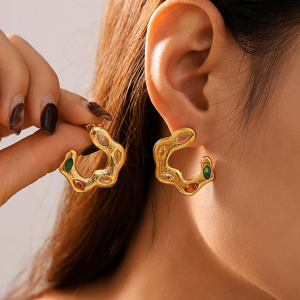 Asymmetrical C Shaped Dopamine Zircon Earrings In Stainless Steel With 18K Gold Plated Electroplating For Women