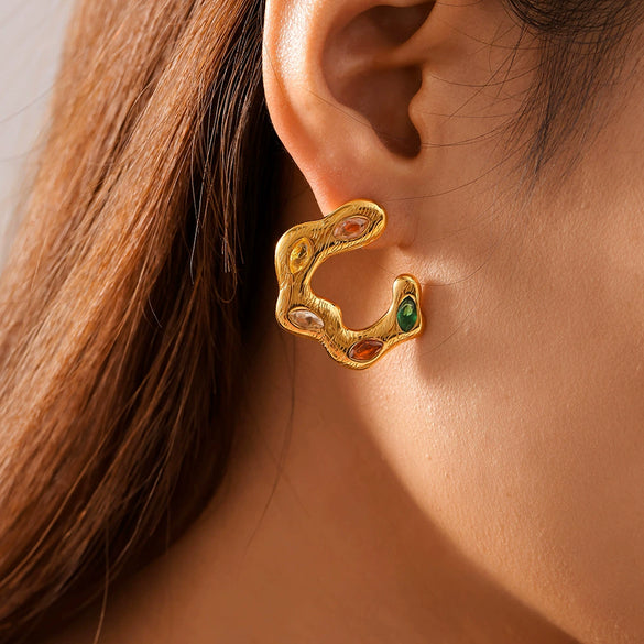 Asymmetrical C Shaped Dopamine Zircon Earrings In Stainless Steel With 18K Gold Plated Electroplating For Women