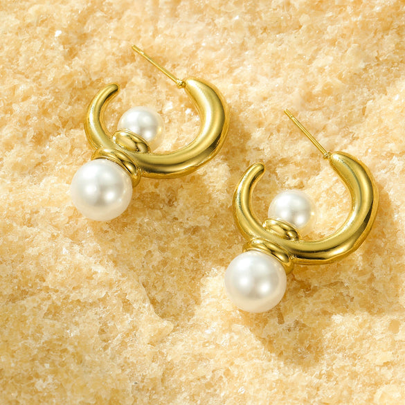 Asymmetrical Cshaped Pearl Pendant Earrings Stainless Steel 18K Electroplated Geometric Style