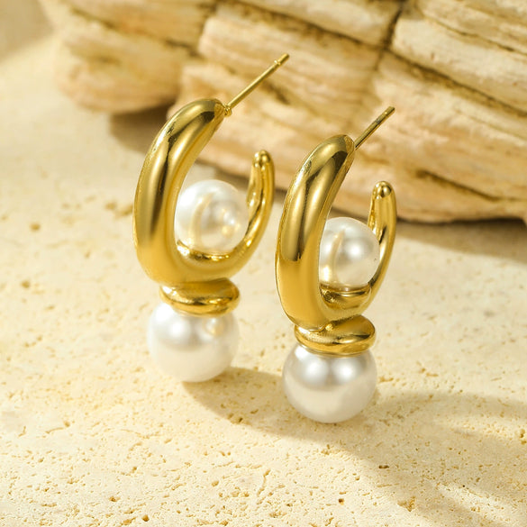 Asymmetrical Cshaped Pearl Pendant Earrings Stainless Steel 18K Electroplated Geometric Style