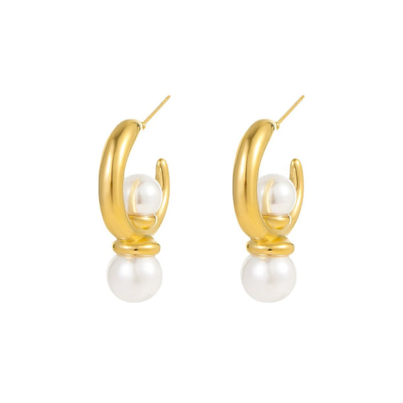 Asymmetrical Cshaped Pearl Pendant Earrings Stainless Steel 18K Electroplated Geometric Style