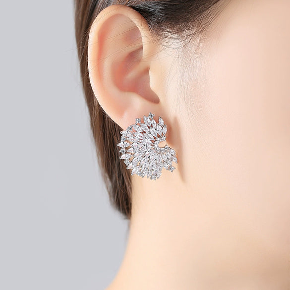 Asymmetrical Leaf Earrings With Transparent Zircon Accents Exaggerated Statement Jewelry In Copper