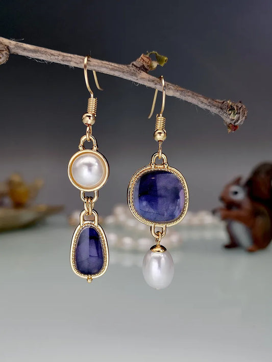 Asymmetrical Purple Blue Agate Pattern Freshwater Pearl Creative Exaggerated Earrings