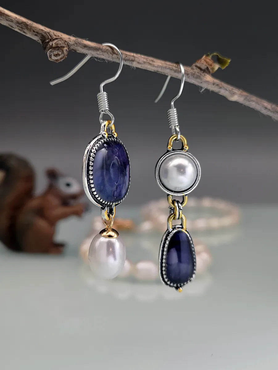 Asymmetrical Purple Blue Agate Pattern Freshwater Pearl Creative Exaggerated Earrings