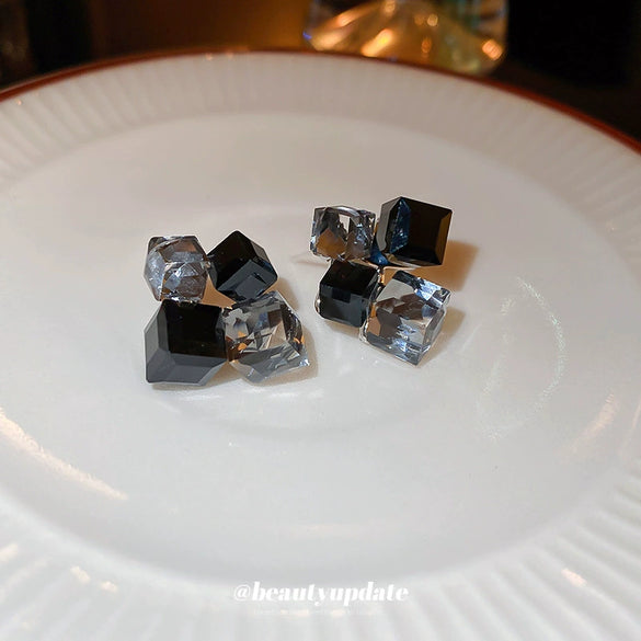 Asymmetrical Square Artificial Crystal Earrings For Women Silver Needle Geometric Electroplated