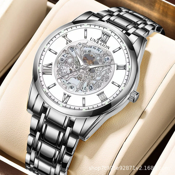 Automatic Mechanical Watch Stainless Steel Round Men's Sports Watch Hollow Waterproof Calendar Luminous